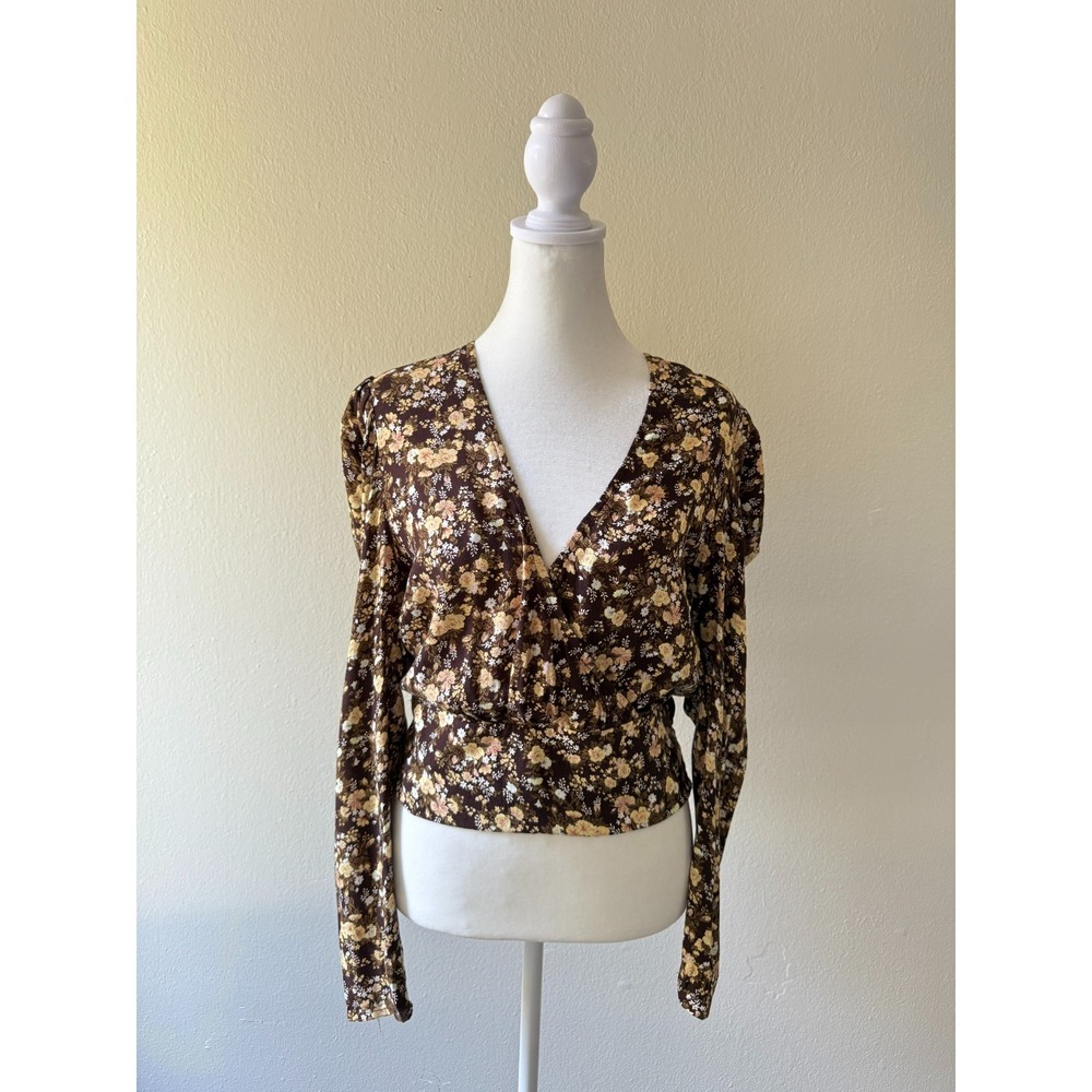 AFRM Brown Womens M Floral Boho Cottagecore Wrap V Neck Rayon Cropped Top NWT